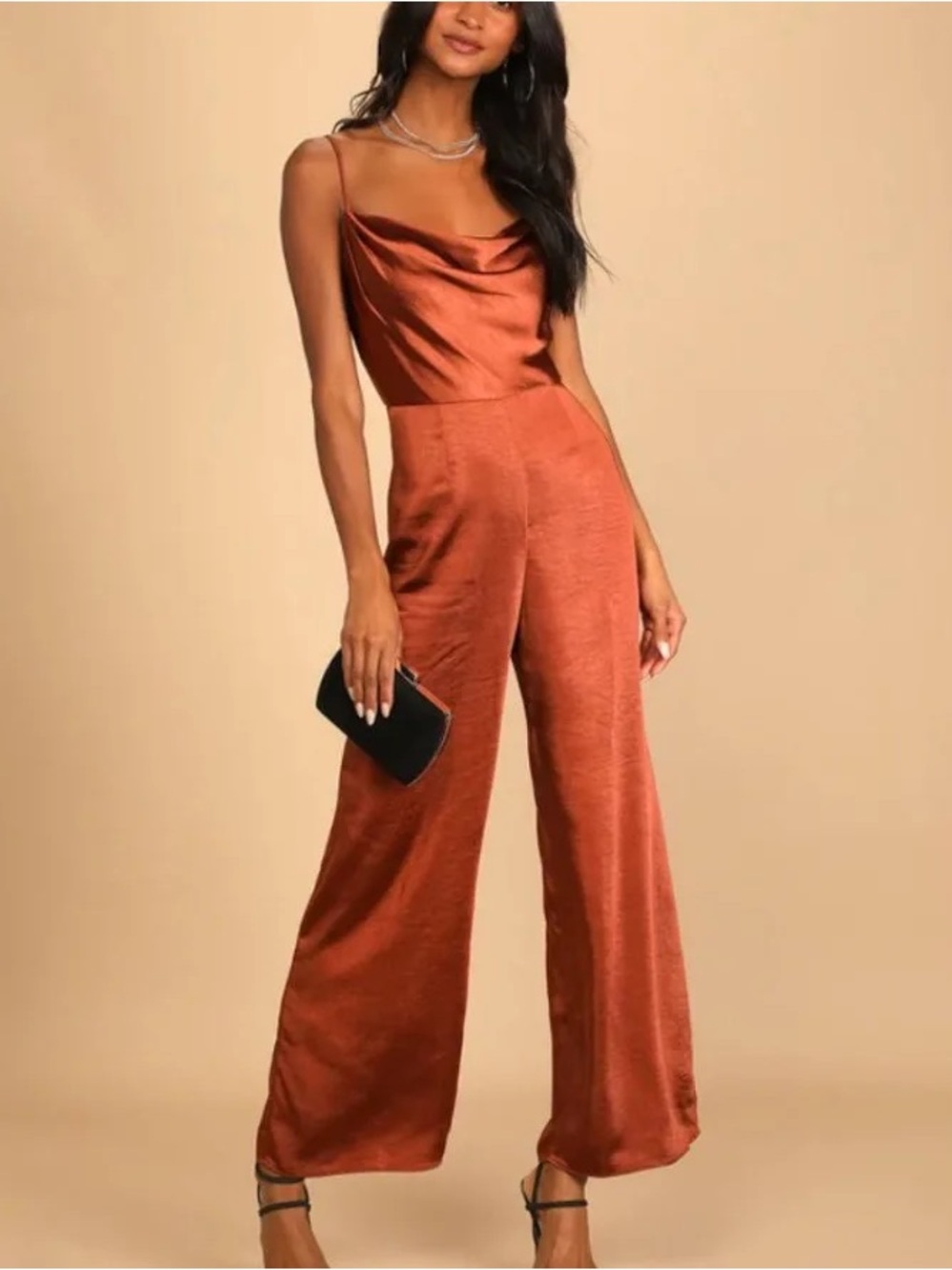 Lush Rust Satin Cowl-Neck Wide-Leg Jumpsuit